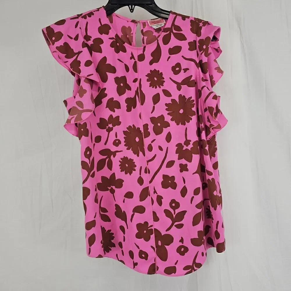 Kate Spade Splash Floral Crewneck Flutter Sleeve Keyhole Top Size Sm Pink Multi